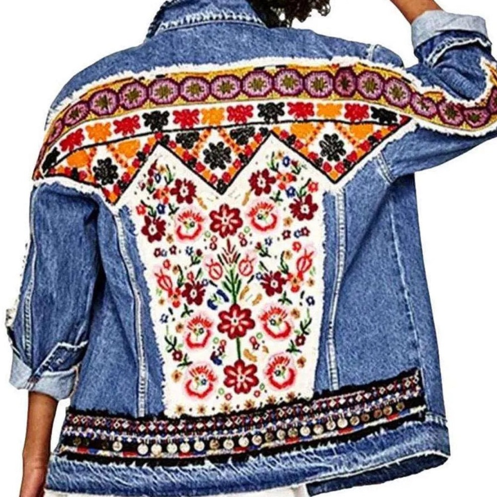 Zara Blue Jean Jacket gorgeous Colorful Embroidery, beadwork, etc.